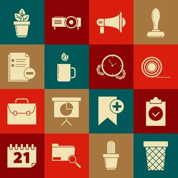 Set Trash can, Completed task, Scotch, Megaphone, Cup of tea and leaf, Document Stock Illustration