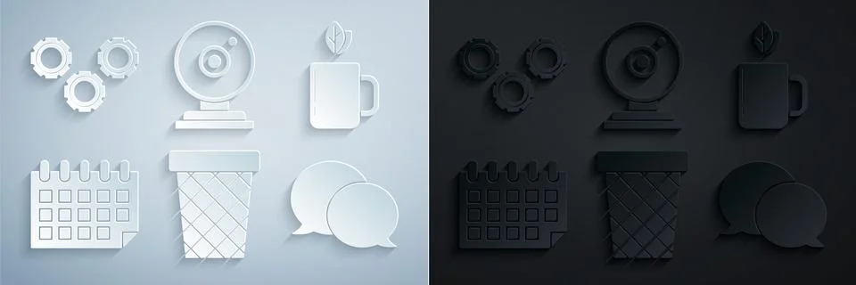 Set Trash can, Cup of tea and leaf, Calendar, Speech bubble chat, Web camera and Illustrazione stock