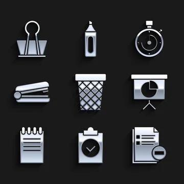 Set Trash can, Document with minus, Presentation financial board graph, schedule Stock-Illustration