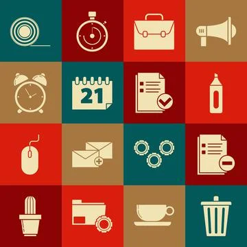 Set Trash can, Document with minus, Marker pen, Briefcase, Calendar, Alarm clock Stock-Illustration
