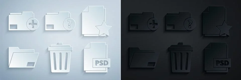 Set Trash can, Document with star, folder, PSD file document, Unknown and Add Stock-Illustration