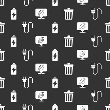 Set Trash can, Electric plug, Battery and Location with leaf on seamless pattern Stock Illustration