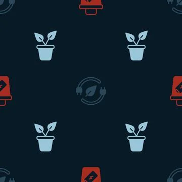 Set Trash can, Electric saving plug in leaf and Plant pot on seamless pattern イラスト素材