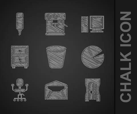 Set Trash can, Envelope, Pencil sharpener, Pie chart infographic, Office chair Stock-Illustration