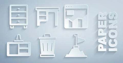 Set Trash can, Graph chart infographic, Identification badge, Mountains with Stock-Illustration