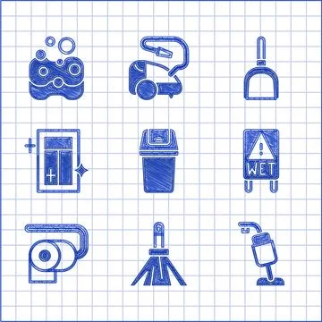 Set Trash can, Handle broom, Vacuum cleaner, Wet floor, Toilet paper roll, .. Illustration