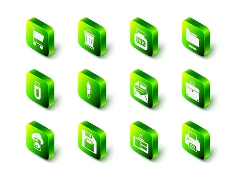 Set Trash can, Inkwell, Document folder, Briefcase, Printer, Mail and e-mail Illustrazione stock