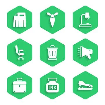 Set Trash can, Inkwell, Stapler, Megaphone, Briefcase, Office chair, Table lamp Stock Illustration