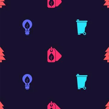 Set Trash can, Light bulb with leaf, Tag and Christmas tree on seamless pattern イラスト素材