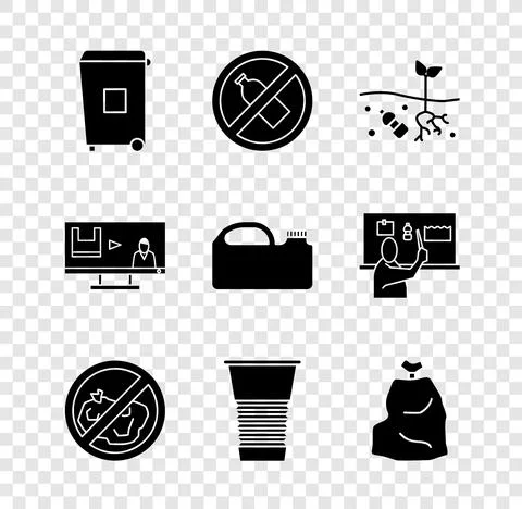 Set Trash can, No plastic bottle, Problem of pollution planet, trash, Paper Illustrazione stock