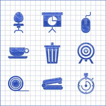Set Trash can, Office stapler, Briefcase, Target, Scotch, Coffee cup flat Stock-Illustration