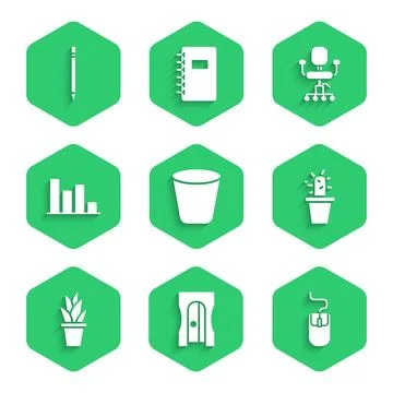 Set Trash can, Pencil sharpener, Computer mouse, Cactus and succulent in pot 스톡 일러스트