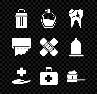 Set Trash can, Perfume, Broken tooth, Cross hospital medical, First aid kit Illustration