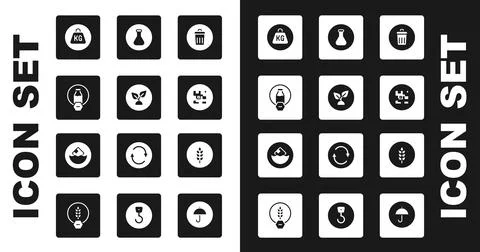 Set Trash can, Plant based, Lactose free, Weight, QR code, Test tube and flask Stock Illustration