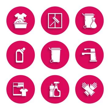 Set Trash can, Plastic bottles for liquid dishwashing liquid, Rubber gloves Stock Illustration