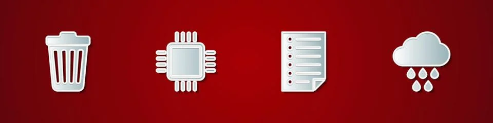 Set Trash can, Processor with CPU, Document and Cloud rain icon. Vector Stock Illustration