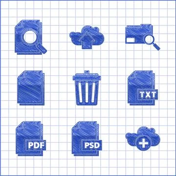 Set Trash can, PSD file document, Add cloud, TXT, PDF, Document, Search concept Stockillustratie