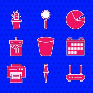 Set Trash can, Push pin, Router and wi-fi signal, Calendar, Printer, Pie chart 스톡 일러스트