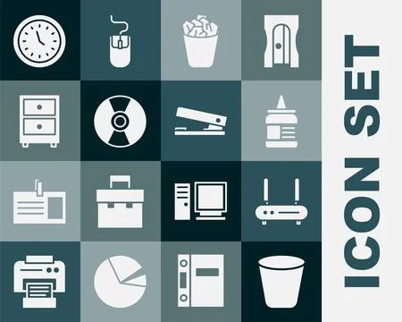 Set Trash can, Router and wi-fi signal, Glue, Full trash, CD or DVD disk, D.. Stock Illustration