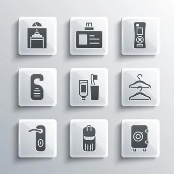 Set Trash can, Safe, Hanger wardrobe, Toothbrush and toothpaste, Door handle Illustration