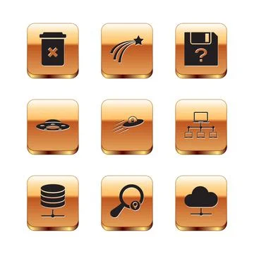 Set Trash can, Server, Data, Web Hosting, Search location, UFO flying spaceship Stock-Illustration