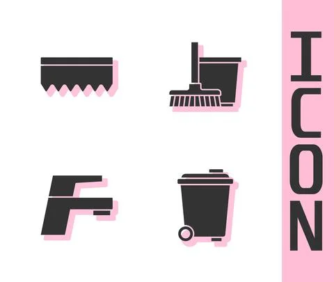 Set Trash can, Sponge, Water tap and Mop and bucket icon. Vector Stock-Illustration