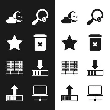 Set Trash can, Star, Cloud with moon and stars, Search location, Server, Data Stock Illustration