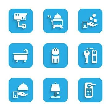 Set Trash can, Table lamp, Digital door lock, Hotel key, Covered with tray Illustrazione stock