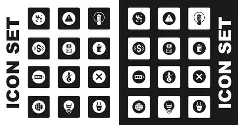Set Trash can, Temperature wash, Dollar symbol, QR code, Exclamation mark in Stock Illustration