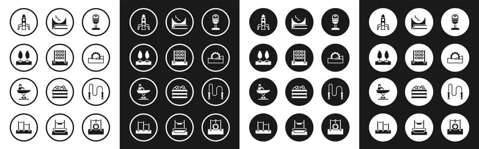 Set Trash can, Tic tac toe game, Forest, Rocket ship, Ferris wheel, Skate p.. Stock Illustration