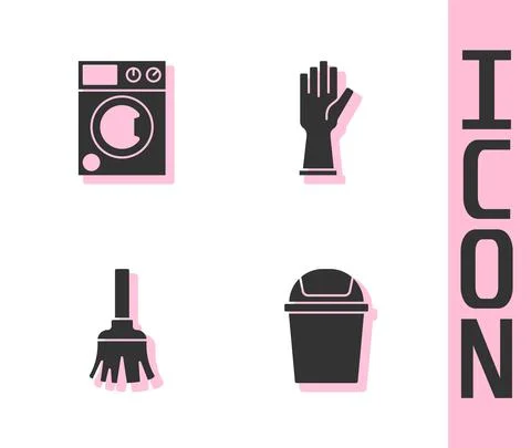 Set Trash can, Washer, Feather broom and Rubber gloves icon. Vector Stock Illustration