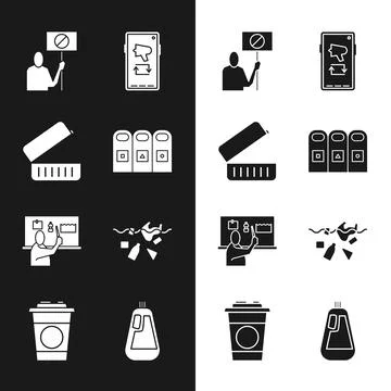 Set Trash in garbage cans sorted, Lunch box, Nature saving protest, Megaphone on Illustrazione stock