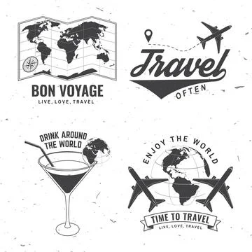 Set of travel badge, logo Travel inspiration quotes with globe, airplane Stock Illustration