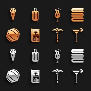 Set Travel brochure, Towel stack, Martini glass, Tropical palm tree, Beach ball Illustrazione stock