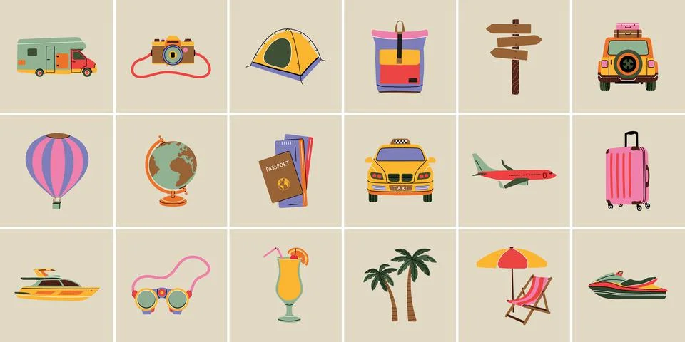 Set of travel element in modern flat line style. Hand drawn vector illustrati Stock Illustration