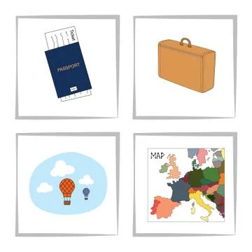 Set of travel elements. Blue passport with a ticket, suitcase, map of europe 库存插图