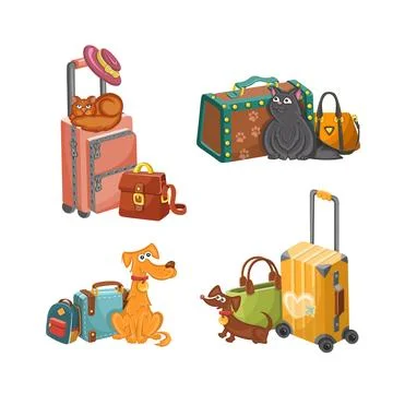 Set of travel elements with pets. Vector illustration Stock Illustration
