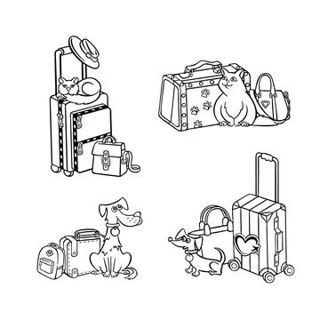 Set of travel elements with pets. Vector illustration Stock Illustration