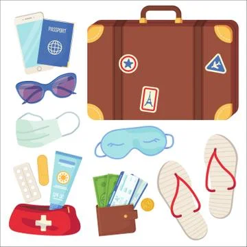 Set of travel essential objects. Passenger luggage, holiday journey, tourism  Stock Illustration