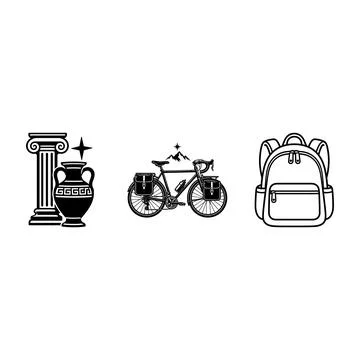 Set of travel icons featuring column vase bicycle and backpack Stock Illustration