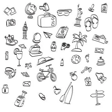 Set of travel objects illustration vector hand drawn isolated Stock Illustration