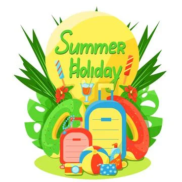 Set of travel things, set of items for summer vacation, suitcase, cosmetic ba Illustrazione stock