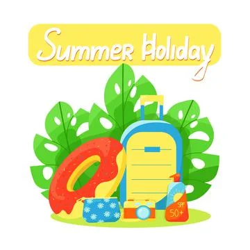 Set of travel things, set of items for summer vacation, suitcase, cosmetic ba Illustrazione stock