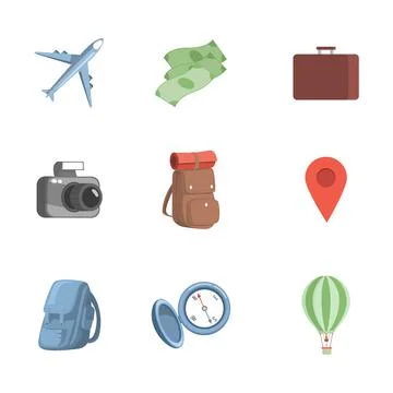 Set of traveling items vector flat illustration. Airplane, cash, briefcase Stock Illustration
