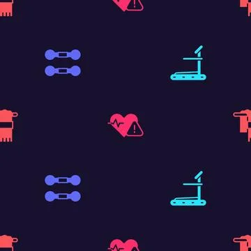 Set Treadmill machine, Dumbbell, Heart rate and Towel on hanger on seamless.. Illustrazione stock