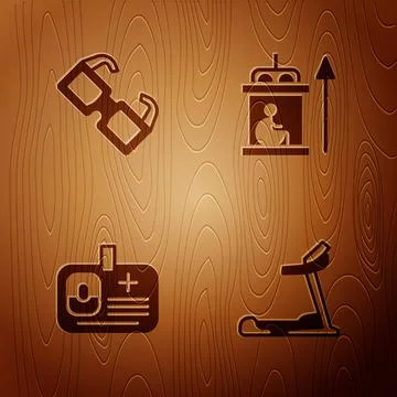 Set Treadmill machine, Eyeglasses, Identification badge and Elevator for Stockillustratie