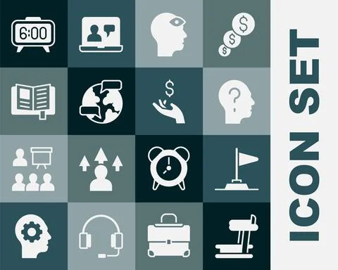 Set Treadmill machine, Flag, Head with question mark, Man third eye, Worldwide Stock Illustration