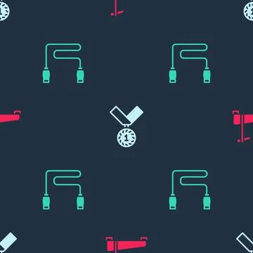 Set Treadmill machine, Medal and Jump rope on seamless pattern. Vector Stock Illustration