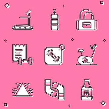 Set Treadmill machine, Punching bag, Sport, training program, Fitness app Stock Illustration