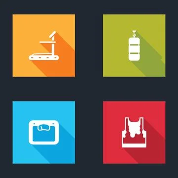 Set Treadmill machine, Punching bag, Bathroom scales and Sweaty sleeveless t Stock Illustration